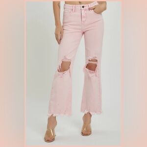Risen High Rise Distressed Straight Leg Cropped Pink Jeans With Raw Frayed Hem